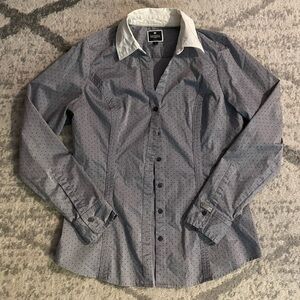Express Button Down Collared Shirt Gray White Collar Black Polka Dots